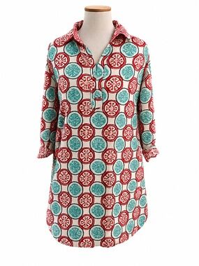 Dizzy Lizzie “Tizzie” Dress Vail Tunic Aqua Red White Medallion Resort Boho Sz M